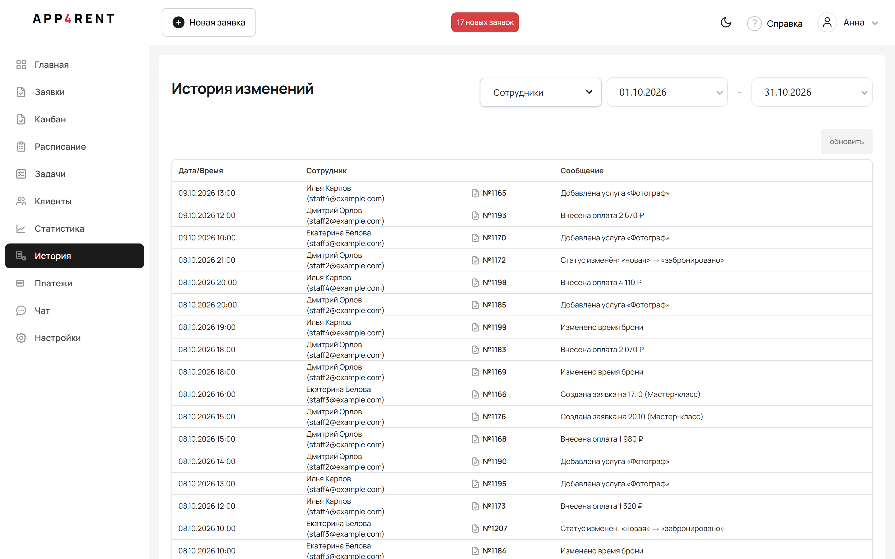 История: Журнал изменений по сотрудникам